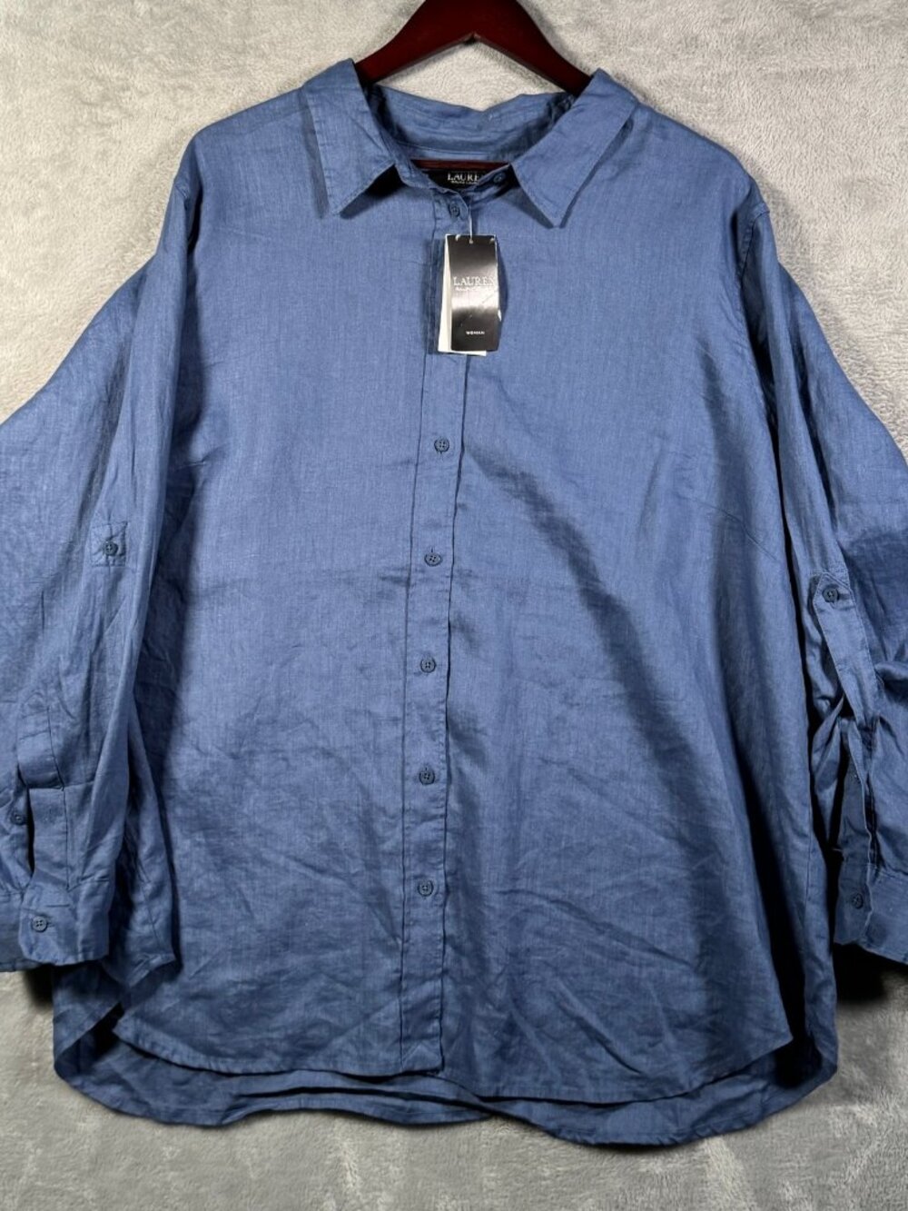 Lauren Ralph Lauren Linen Shirt Womens 3X Blue Roll Tab Button Front Karrie $125